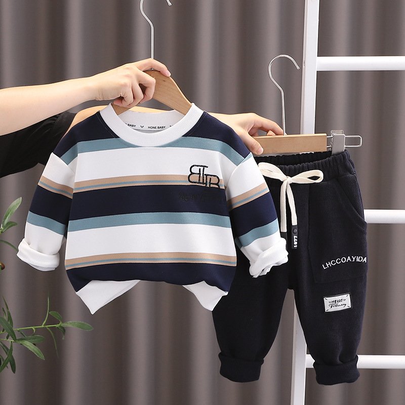 Boys Summer exquisite latest design pure cotton striped long sleeve casual POLO shirt and pants two children's clothing set