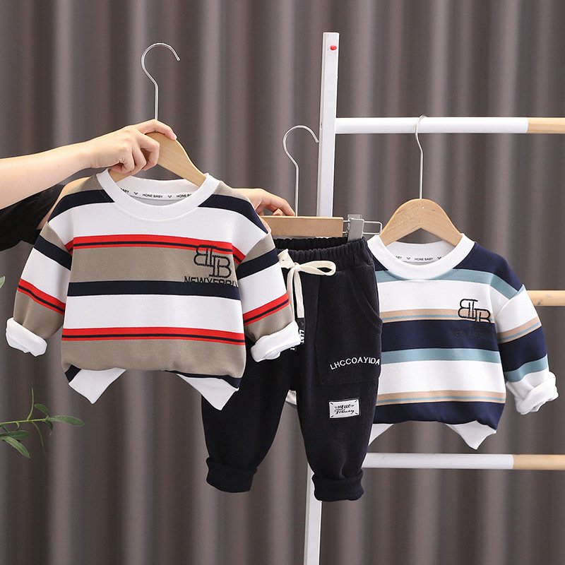 Boys Summer exquisite latest design pure cotton striped long sleeve casual POLO shirt and pants two children's clothing set