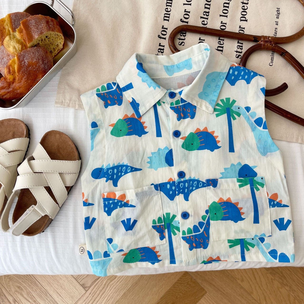Summer boys sleeveless top dinosaur single-breasted T-Shirt and shorts 2 Piece set cartoon boy children clothing set
