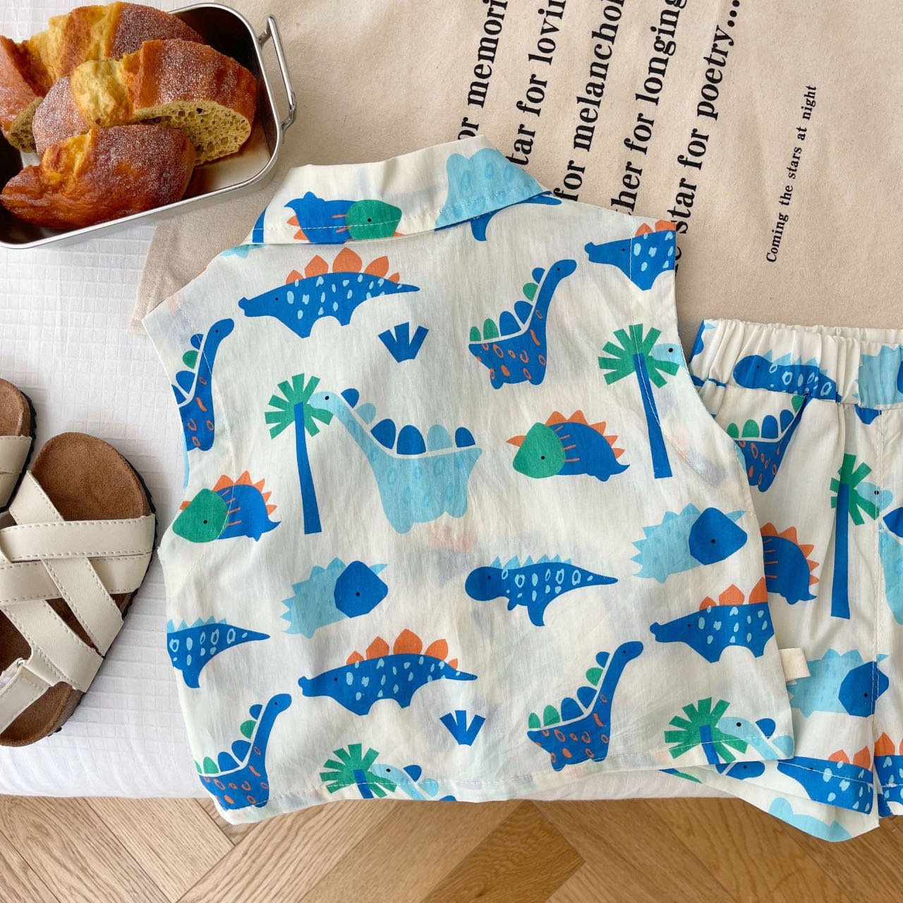 Summer boys sleeveless top dinosaur single-breasted T-Shirt and shorts 2 Piece set cartoon boy children clothing set