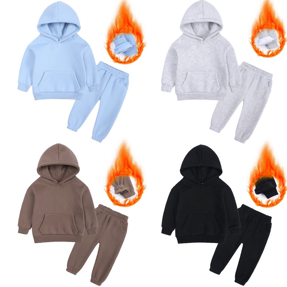 Children Fall Winter Boutique Solid Color Knit Cotton Velvet Jogger Sweatpants Boy Hooded Tracksuit Kids Clothing Jogger Set