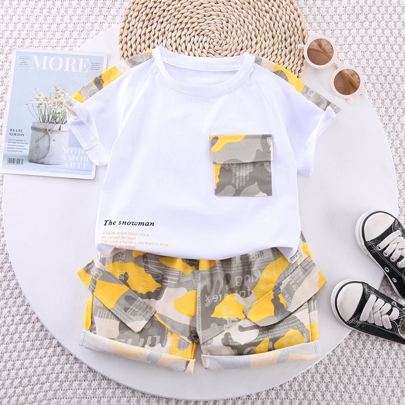 Boys Clothing Sets 2023 Summer Solid Short Sleeve Casual O-neck Pocket T-shirt Top Camouflage Shorts Children Sports Outfits