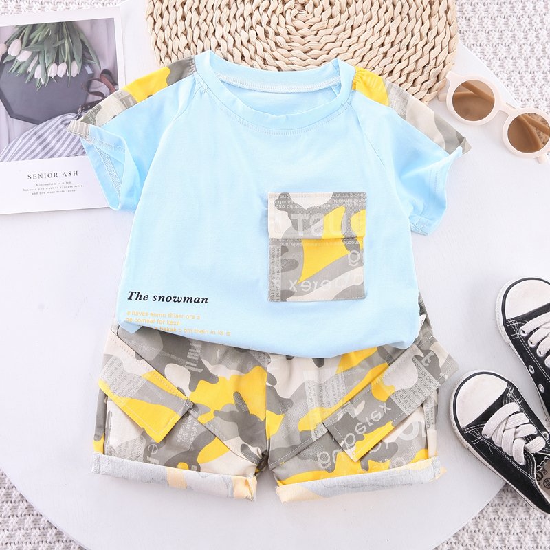 Boys Clothing Sets 2023 Summer Solid Short Sleeve Casual O-neck Pocket T-shirt Top Camouflage Shorts Children Sports Outfits