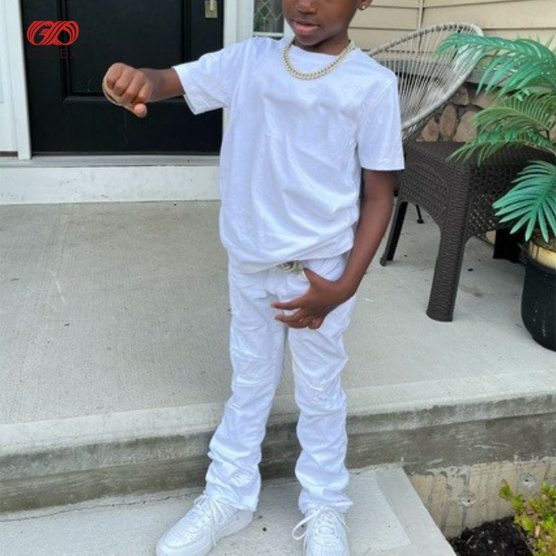 GDTEX Custom Professional OEM ODM Kid Streetwear Supplier Custom Print or Embroidery kids t-shirt Stacked Pants Boy Clothing Set