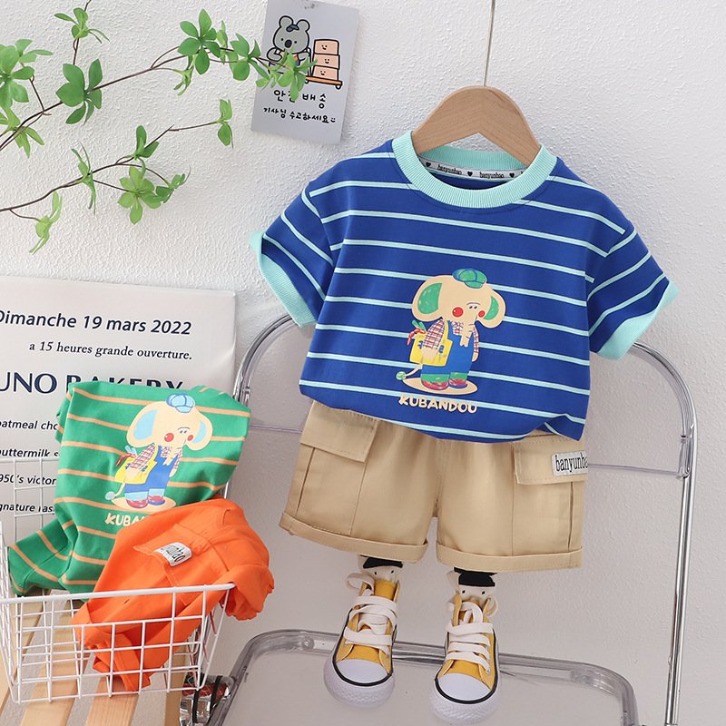 New boy baby striped cartoon elephant short sleeve children's clothes children's clothes suit two-piece set
