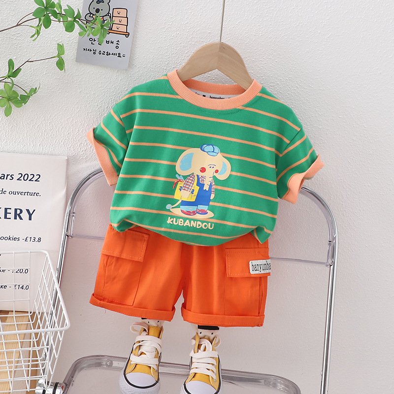 New boy baby striped cartoon elephant short sleeve children's clothes children's clothes suit two-piece set