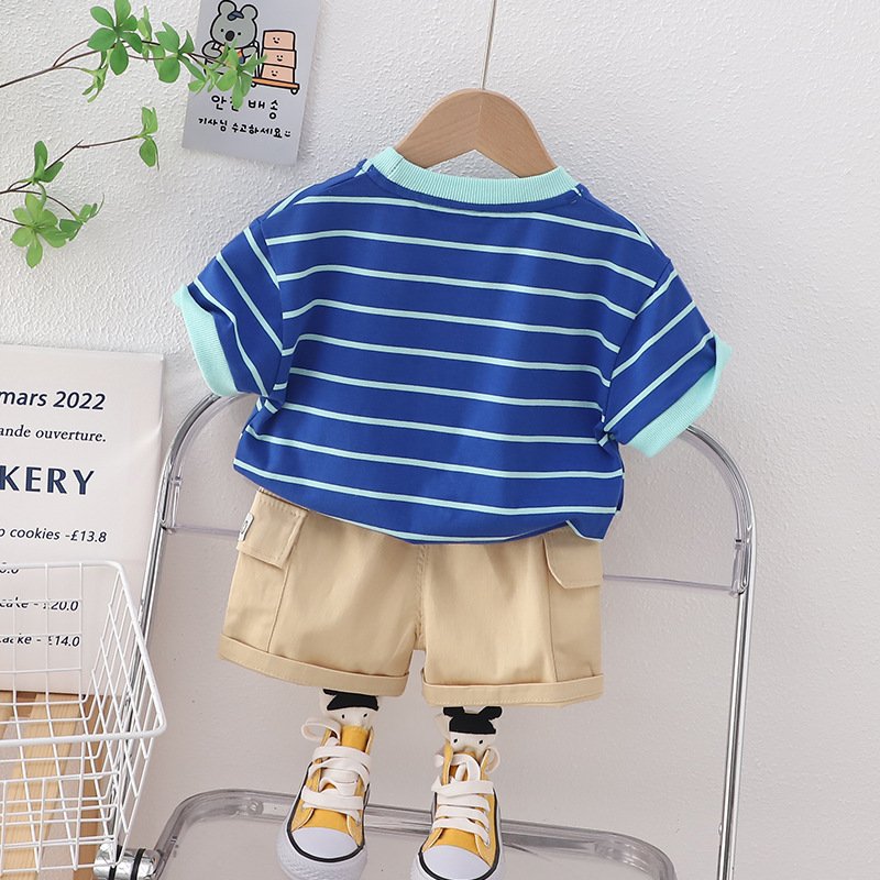New boy baby striped cartoon elephant short sleeve children's clothes children's clothes suit two-piece set