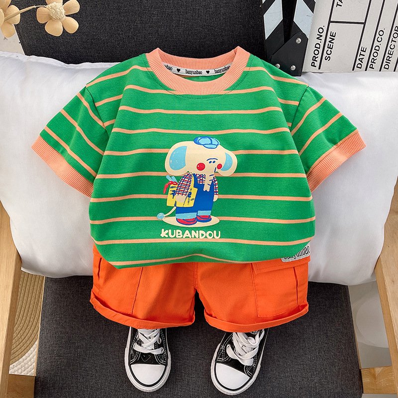 New boy baby striped cartoon elephant short sleeve children's clothes children's clothes suit two-piece set