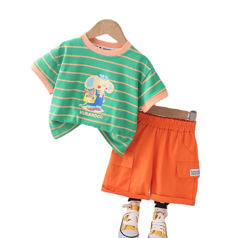 New boy baby striped cartoon elephant short sleeve children's clothes children's clothes suit two-piece set