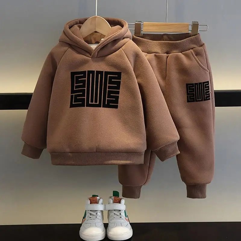 Wholesale 2023 Kids Clothes Boys Autumn Winter Thickened Hoodie Clothes For Kids Suit Coffee Navy Blue 2Pcs Boy Clothing Set