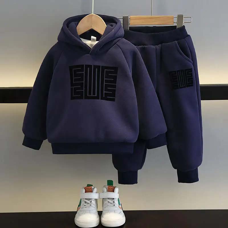 Wholesale 2023 Kids Clothes Boys Autumn Winter Thickened Hoodie Clothes For Kids Suit Coffee Navy Blue 2Pcs Boy Clothing Set
