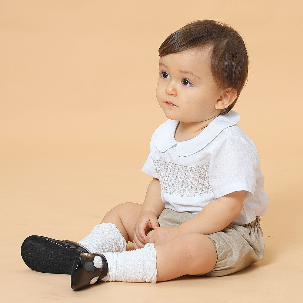 Custom Summer Spanish Hand made Smocked Kids Clothes Cotton Shirts Khaki Cotton Shorts Pants Toddler Suits Baby Boy Clothing Set