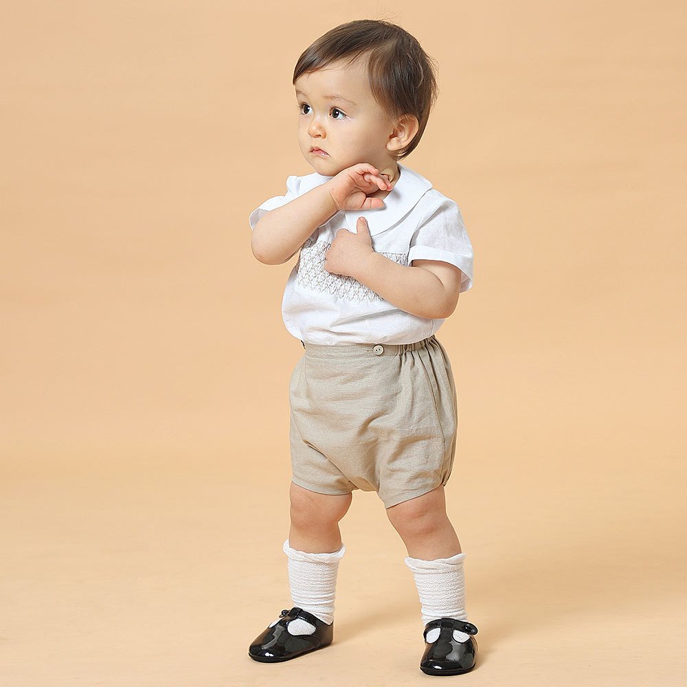 Custom Summer Spanish Hand made Smocked Kids Clothes Cotton Shirts Khaki Cotton Shorts Pants Toddler Suits Baby Boy Clothing Set