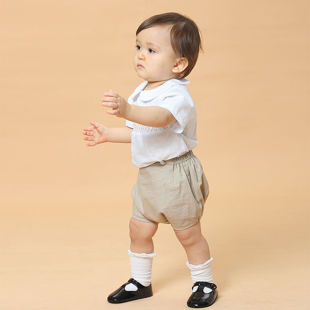 Custom Summer Spanish Hand made Smocked Kids Clothes Cotton Shirts Khaki Cotton Shorts Pants Toddler Suits Baby Boy Clothing Set