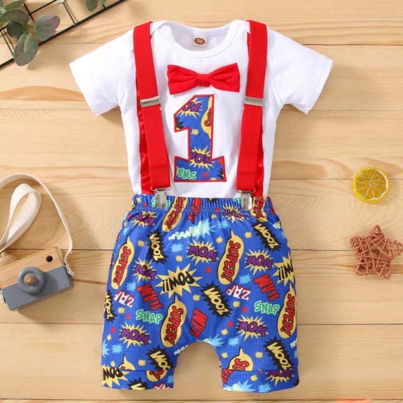 2022 Baby Clothes First Birthday Bowtie Romper + Shorts Bodysuit Cake Smash Outfit Boy 1St Birthday BBOF-008