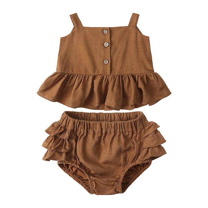 Cotton And Linen Girl Baby Suit Summer Top Peplum Shorts Girl Two Set Of Baby Clothes