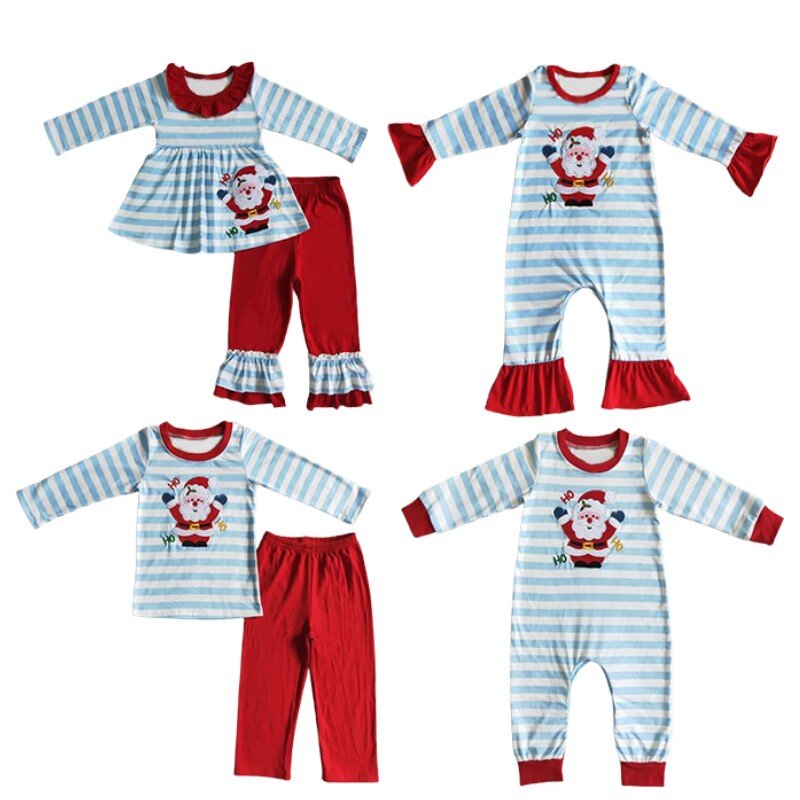 New Design Children Santa Applique Clothes Baby Girl Boy Smocked farm outfits Kids sibling set Christmas Family Sets