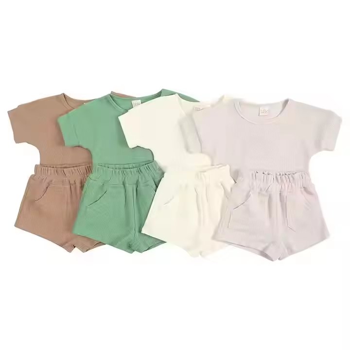 boys girls' Waffle cotton t shirts + shorts toddler two pieces set kids Boys clothing sets for Summer