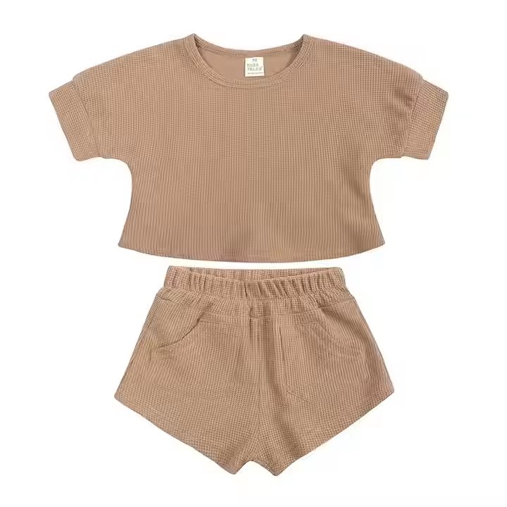 boys girls' Waffle cotton t shirts + shorts toddler two pieces set kids Boys clothing sets for Summer