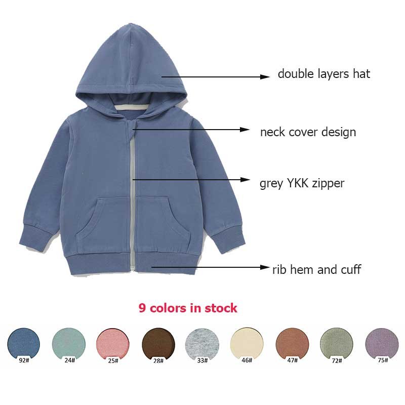 wholesale solid custom logo baby clothing children outfit kids top baby boys and girls zipper hooded sweatshirt