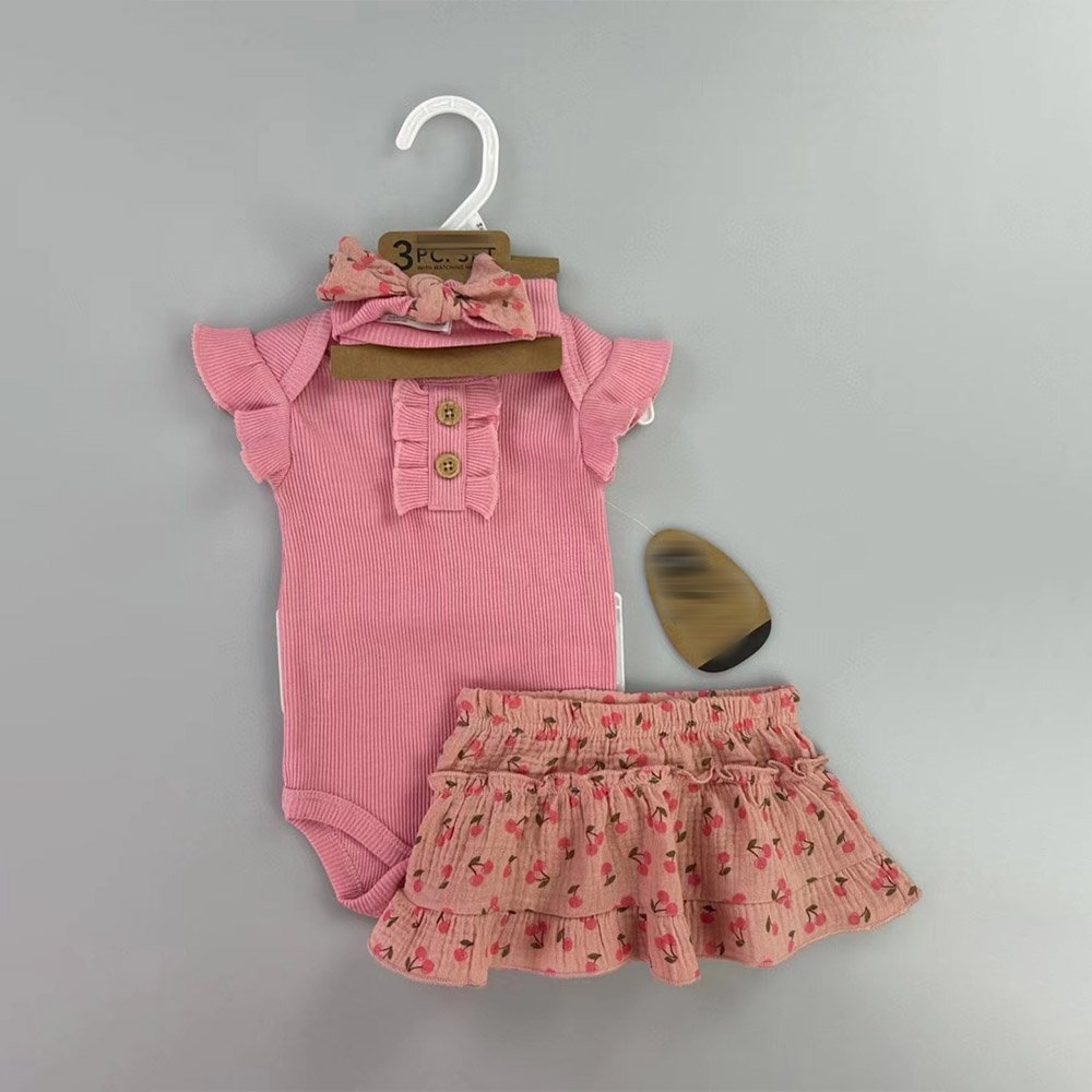 0-12m New Born Baby Girl Dress+Flying Sleeve Romper+Hairband Three Pcs Set Wholesale Infant Kids Clothes Set
