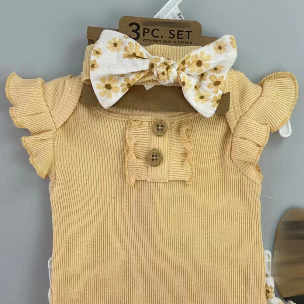 0-12m New Born Baby Girl Dress+Flying Sleeve Romper+Hairband Three Pcs Set Wholesale Infant Kids Clothes Set