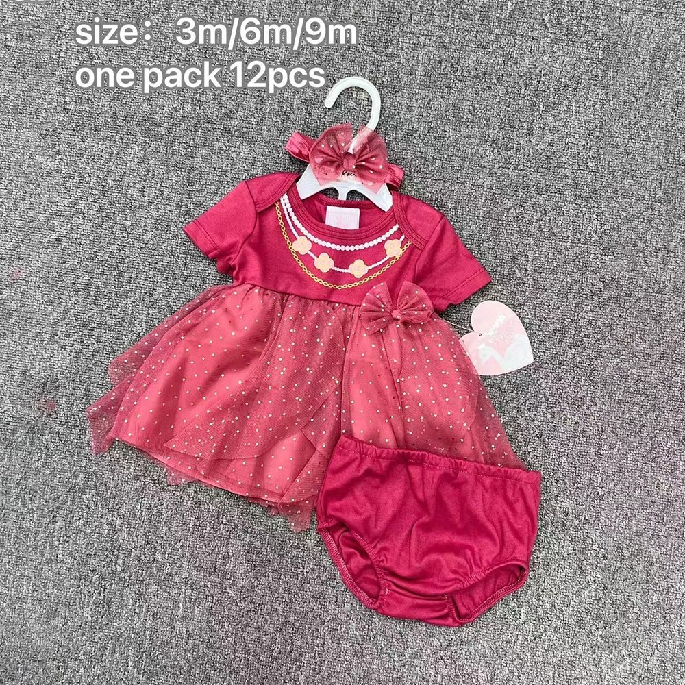 Boutique Wholesale Summer New Born Baby Girl Dress Underwear And Hairband 3pcs Set Knit Low Price Baby Bodysuit