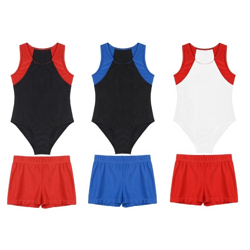 6-16 Kids Boys Sleeveless Leotard Bodysuit Jumpsuit With Shorts Children's Dance Costumes Performance Wear Gymnastics Clothing