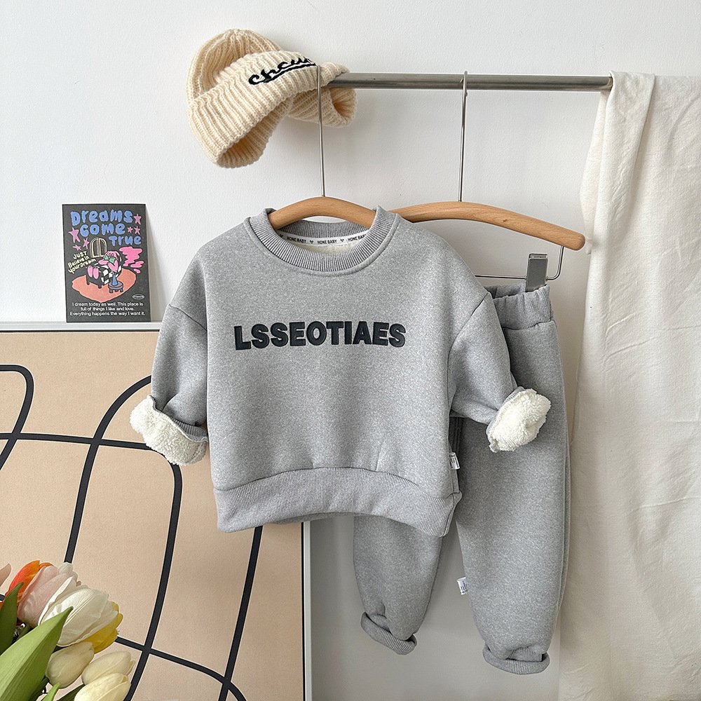 Baby Boys Autumn Winter Lamb Down Fleece Hoodies Set Baby Children Clothing Warm Boy Thickened two-piece Set