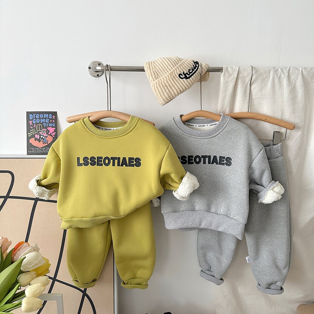 Baby Boys Autumn Winter Lamb Down Fleece Hoodies Set Baby Children Clothing Warm Boy Thickened two-piece Set