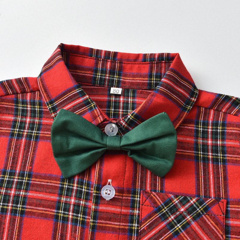 2PCS Boys Christmas suit winter long sleeve cotton red green plaid shirt overalls trousers Christmas gentleman boy clothing set