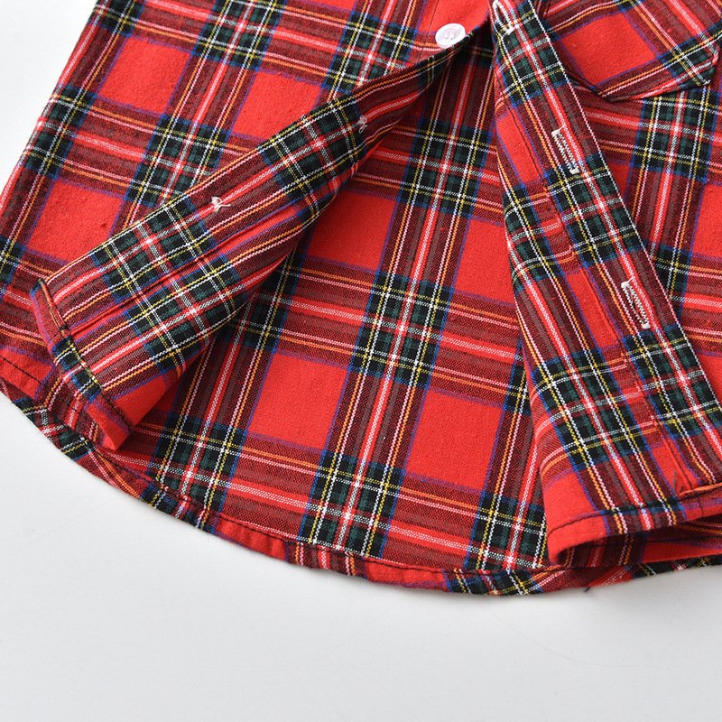 2PCS Boys Christmas suit winter long sleeve cotton red green plaid shirt overalls trousers Christmas gentleman boy clothing set
