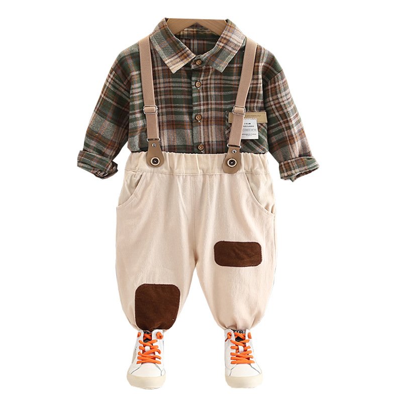 Kids suit spring 2024 shirt strap casual long sleeve two pieces boys clothing set