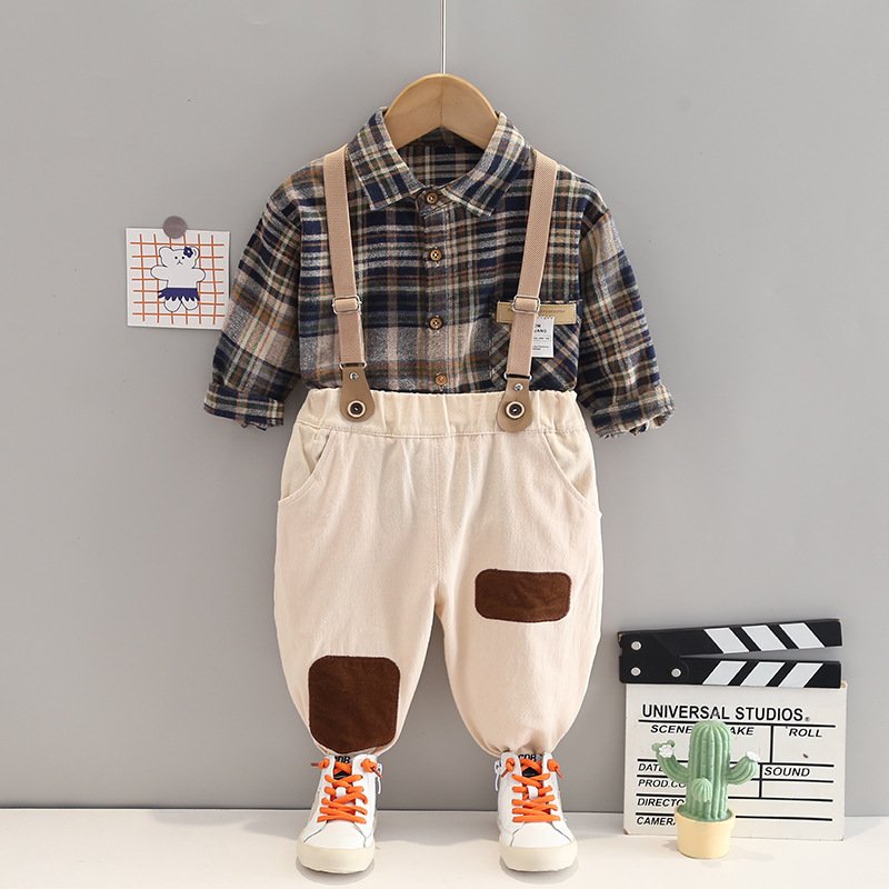 Kids suit spring 2024 shirt strap casual long sleeve two pieces boys clothing set