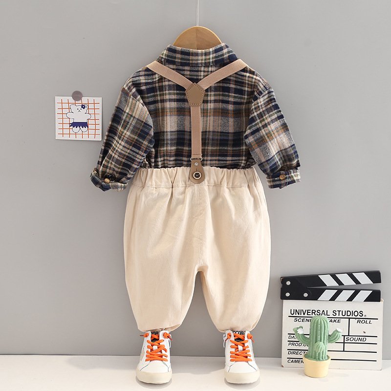 Kids suit spring 2024 shirt strap casual long sleeve two pieces boys clothing set