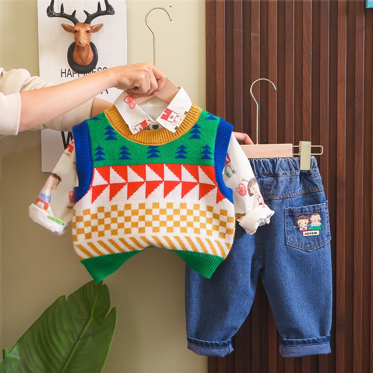 Latest Style Spring Autumn Children 3pcs Outfits Shirt+Sweater+Jeans Casual Boys Clothing Sets