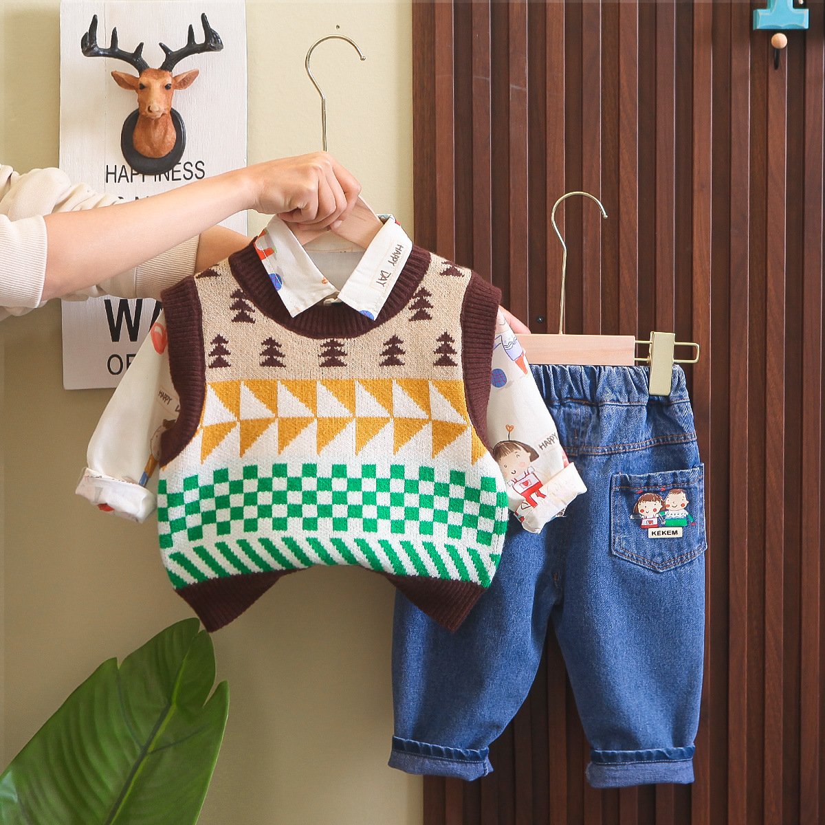 Latest Style Spring Autumn Children 3pcs Outfits Shirt+Sweater+Jeans Casual Boys Clothing Sets