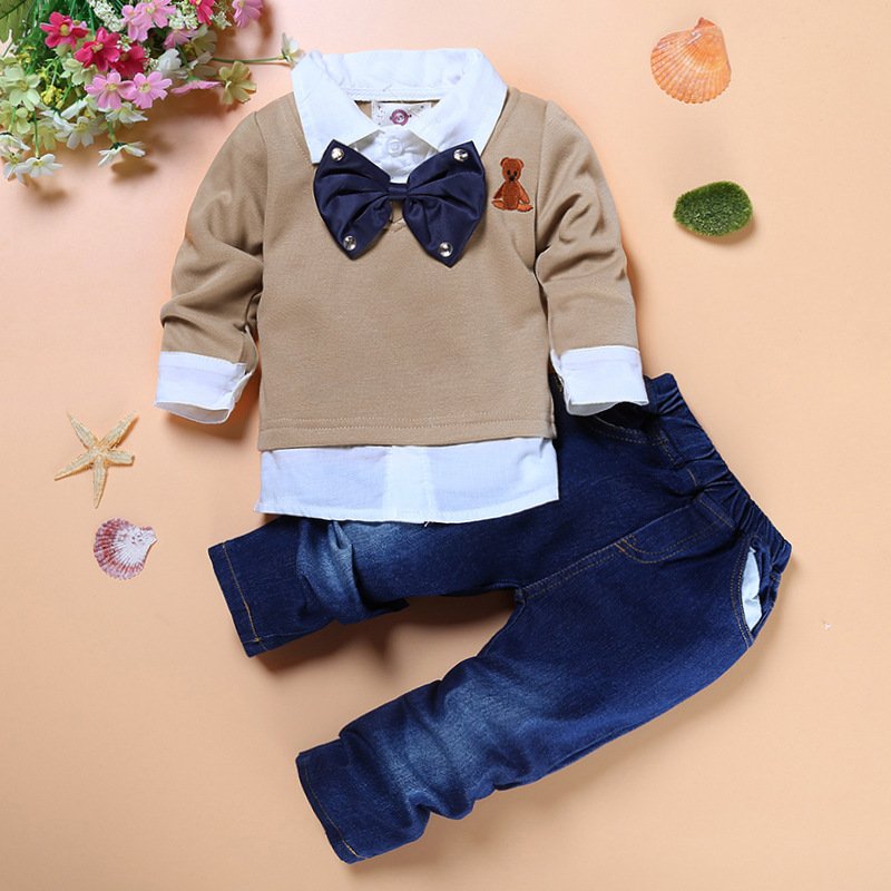 Wholesale Gentleman Long Sleeve T shirt And Jean Pants Boys Clothing Sets Children Clothes Spring Autumn Boys Suit Set