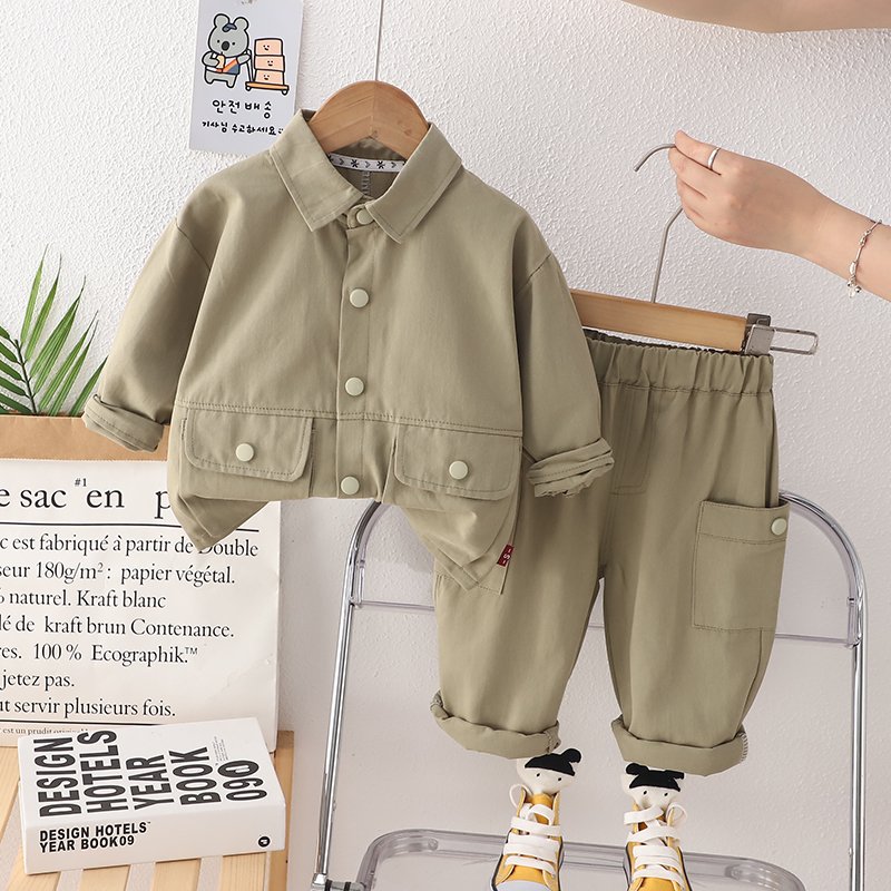 2024 Boys Casual Two-Piece Suit Single-Breasted Long Sleeve with Solid Color Collar Children's Autumn Clothing Set