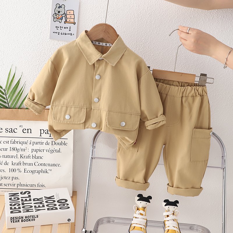 2024 Boys Casual Two-Piece Suit Single-Breasted Long Sleeve with Solid Color Collar Children's Autumn Clothing Set