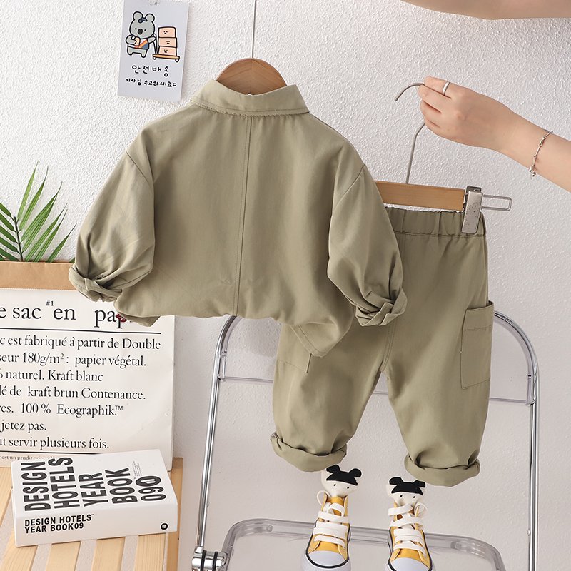 2024 Boys Casual Two-Piece Suit Single-Breasted Long Sleeve with Solid Color Collar Children's Autumn Clothing Set