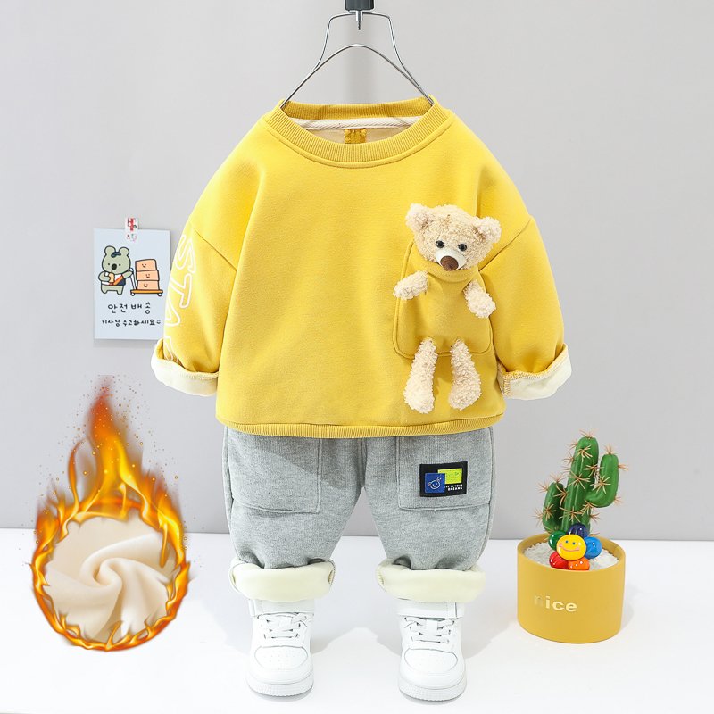 Boy's Two-Piece Infant Clothing Set Winter Hoodies & Sweatshirts with Bear Pocket Long for 5 Years Kids' Two-Piece Set