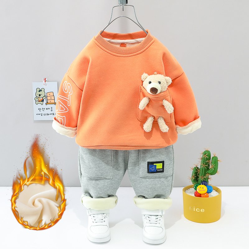 Boy's Two-Piece Infant Clothing Set Winter Hoodies & Sweatshirts with Bear Pocket Long for 5 Years Kids' Two-Piece Set