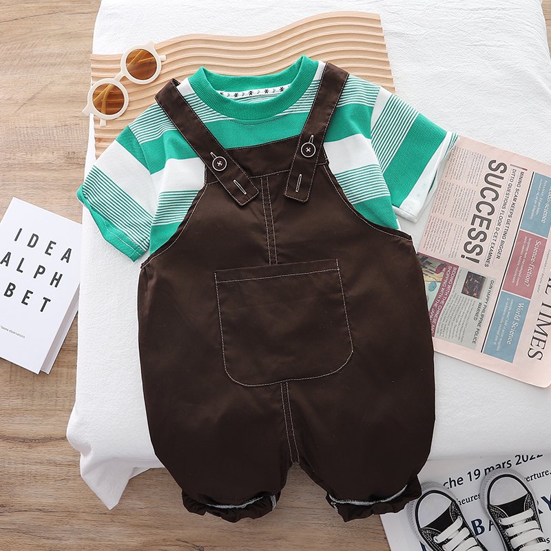 New Boys Casual Clothing Set for Summer Solid Striped Cotton Short Shirt and Pants with Suspender Two-Piece Pack Cotton Fabric