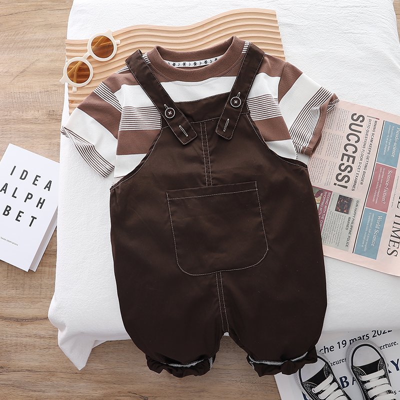 New Boys Casual Clothing Set for Summer Solid Striped Cotton Short Shirt and Pants with Suspender Two-Piece Pack Cotton Fabric