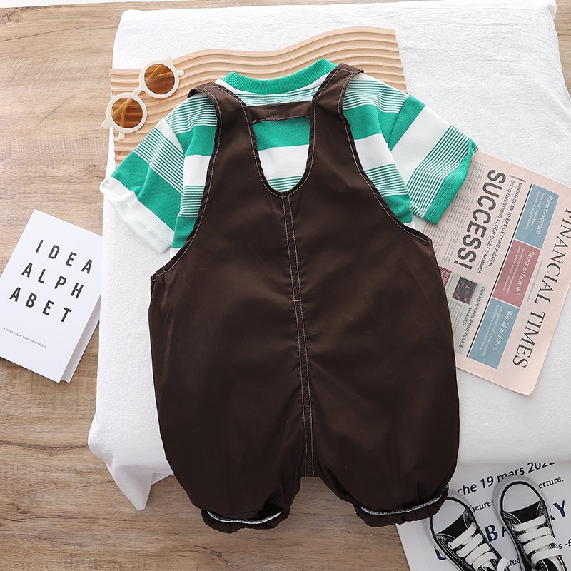 New Boys Casual Clothing Set for Summer Solid Striped Cotton Short Shirt and Pants with Suspender Two-Piece Pack Cotton Fabric