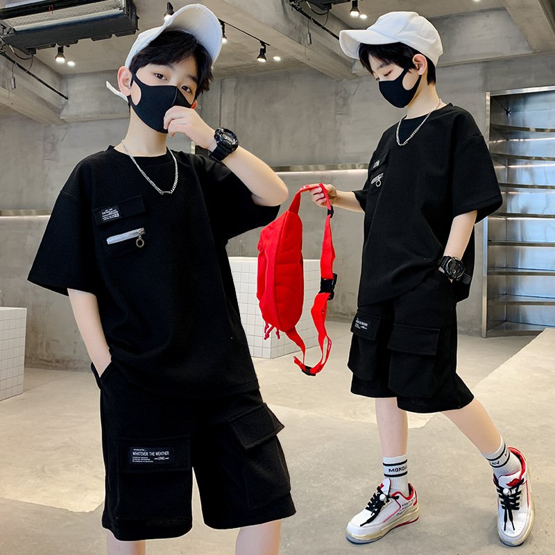 Summer Boy's Clothing Short Sleeve Cotton Kids Clothes Teen Boys Clothing Wholesale Children Clothing Sets Waffle Two-pieces Set