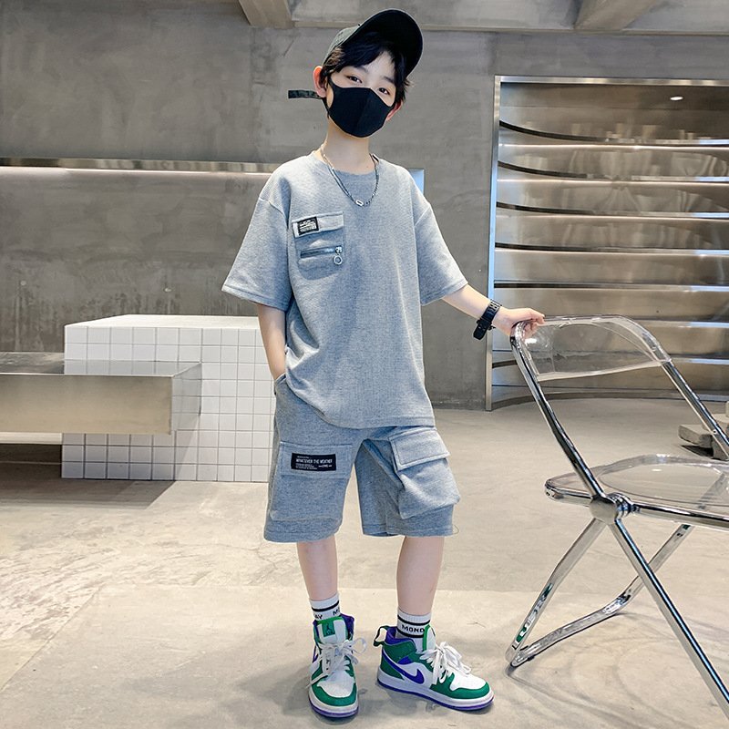 Summer Boy's Clothing Short Sleeve Cotton Kids Clothes Teen Boys Clothing Wholesale Children Clothing Sets Waffle Two-pieces Set