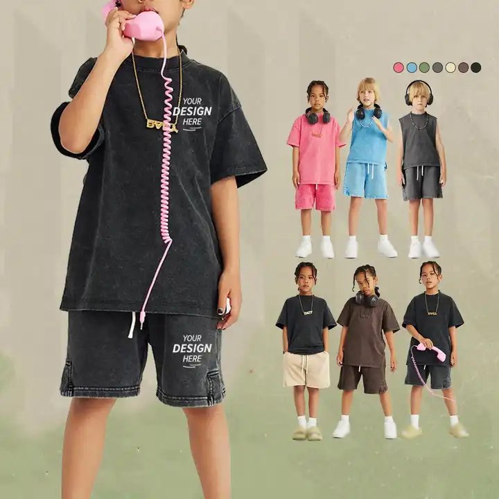 T012 High Quality Custom Kids Vintage T Shirts Short 2 Piece Set Acid Wash Shorts and T Shirts