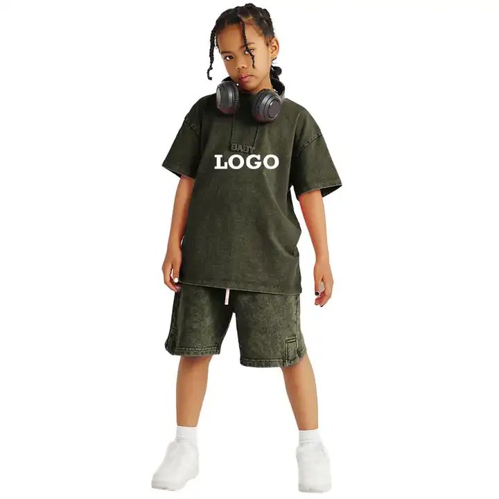T012 High Quality Custom Kids Vintage T Shirts Short 2 Piece Set Acid Wash Shorts and T Shirts